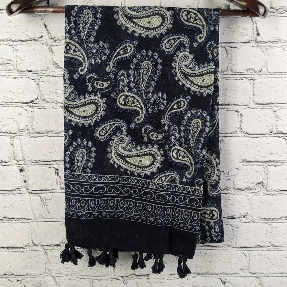 Sheer lightweight blue paisley scarf with tassels